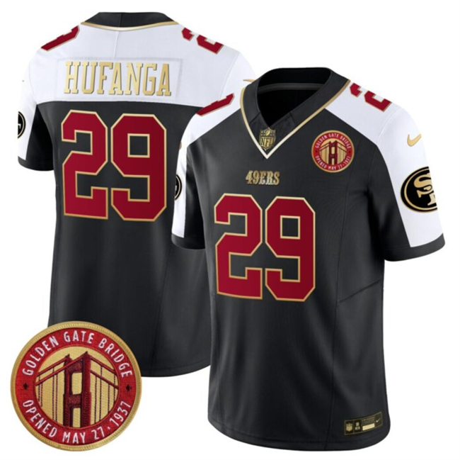 Men's San Francisco 49ers #29 Talanoa Hufanga Balck/White F.U.S.E. Golden Gate Bridge Patch Alternate Vapor Limited Football Stitched Jersey